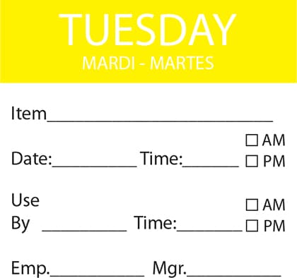 Tuesday 50mm x 50mm Dissolvable Square Day Labels