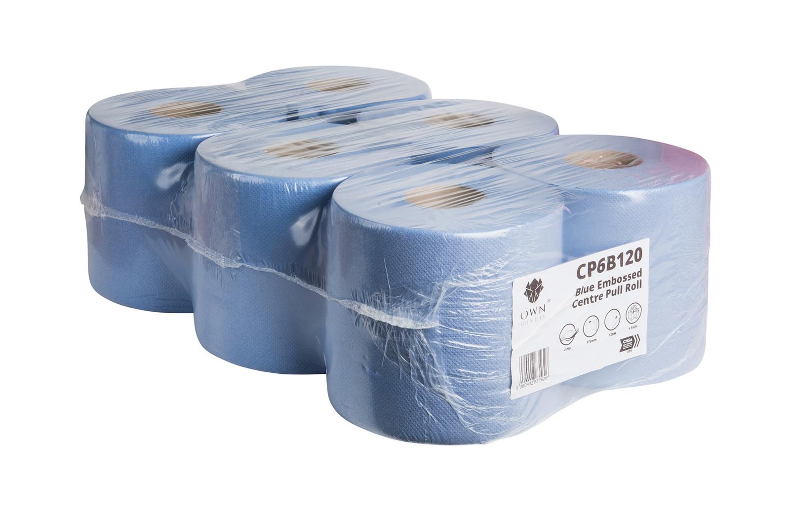 BLUE 120MTR 2PLY EMBOSSED CENTRE PULL ROLLS