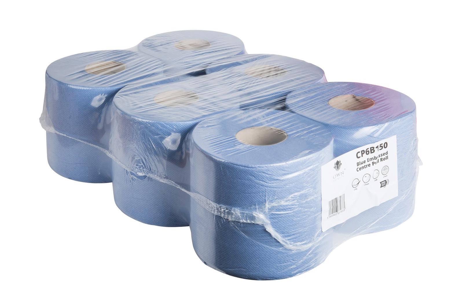 BLUE 150MTR 2PLY EMBOSSED CENTRE PULL ROLLS