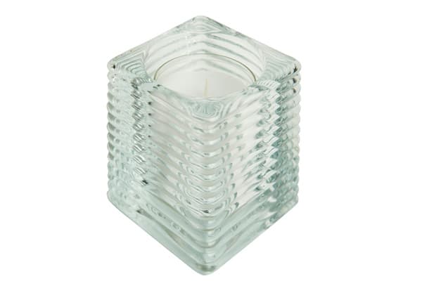Square Ribbed Clear Glass Candle Holder