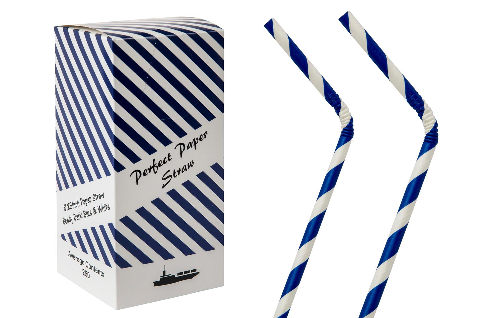 8.25INCH 6MM DARK BLUE AND WHITE BENDY PAPER STRAWS